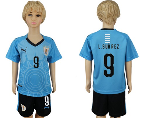 Uruguay #9 L.Suarez Home Kid Soccer Country Jersey - Click Image to Close